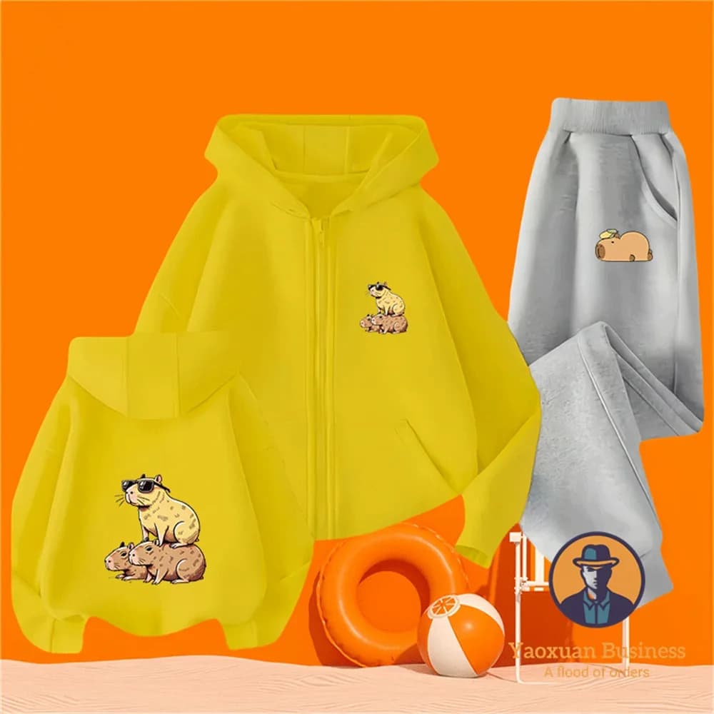 Set Due Pezzi Autunno Inverno per Bambini, Felpa con Cappuccio e Zip in Puro Cotone con Stampa Cartone Animato Capibara, Moda Bimbo e Bimba, Vendita Calda