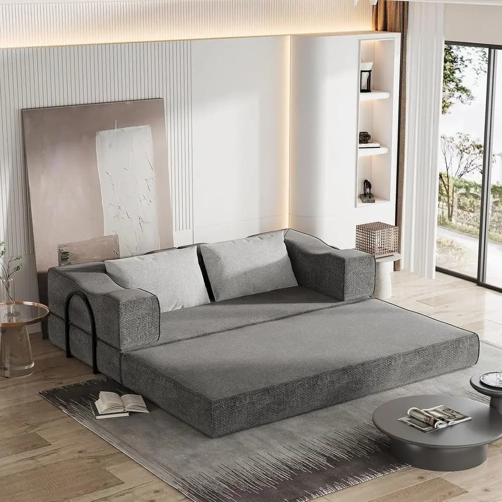 80 grey convertible sofa bed with 2 pillows, ideal for living room, dorm, guest room, home office