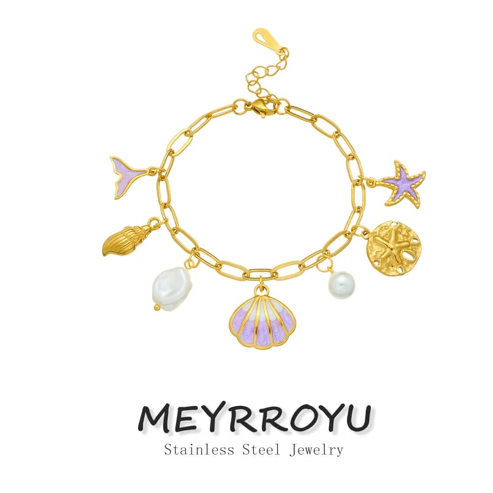 MEYRROYU Acciaio inossidabile 316 Viola Gocciolamento di olio Conchiglia Coda di pesce Stella marina Perla Bracciale con pendente Lady New Classic Catena da polso Gioielli