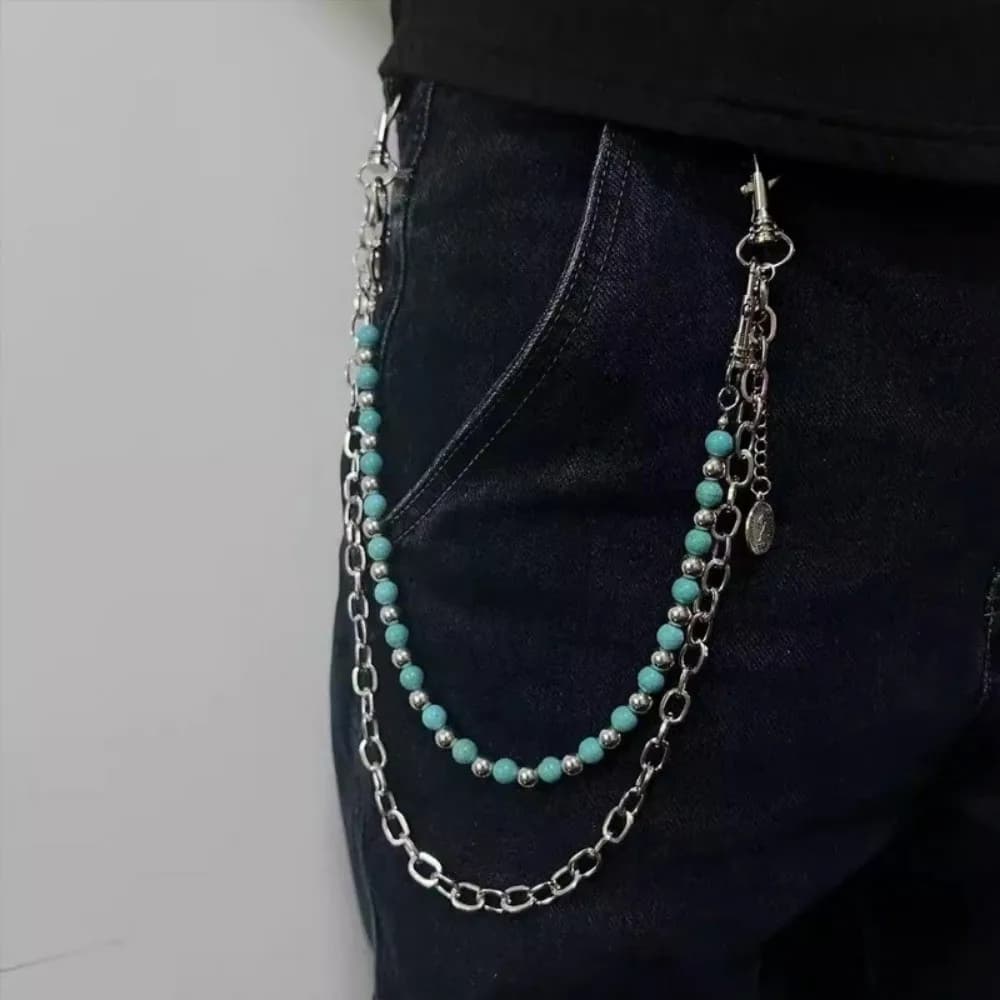 New Punk Pants Belt Chain Hanging Double Layer Waist Chain Metal Blue Beads Belt Chain Gifts