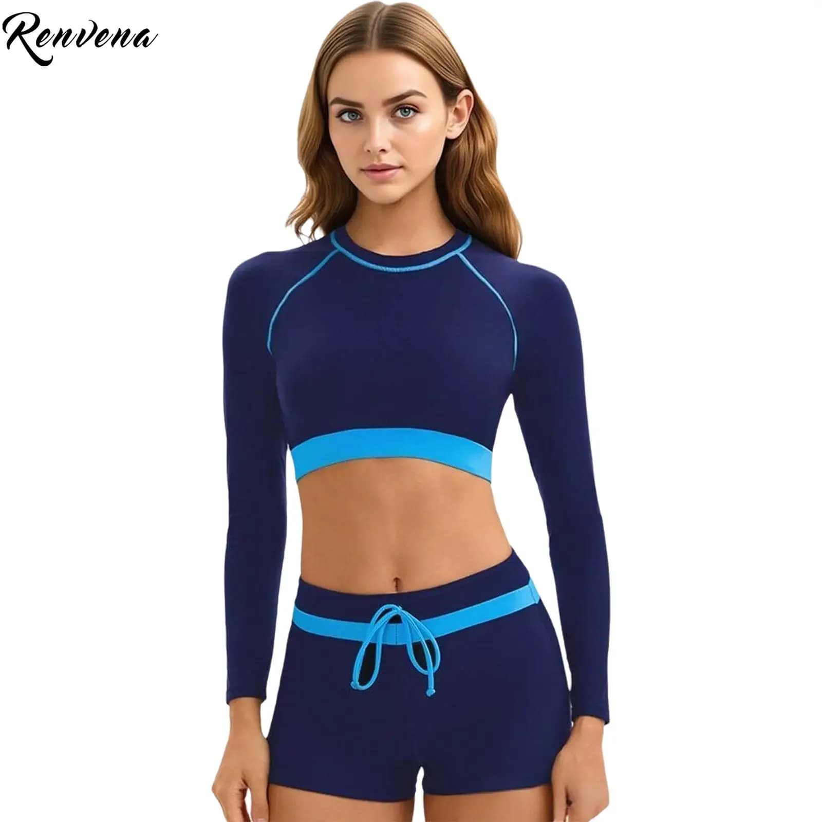 Costume da bagno sportivo da donna a 2 pezzi, con protezione solare, maniche lunghe, top corto e pantaloncini, modesto, per la spiaggia