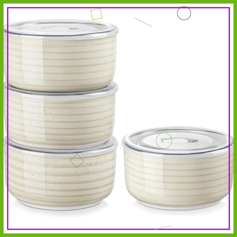 Set of 4 Ceramic Bowls with Covers, 36 oz Soup Bowls Suitable for Microonde, Airtight Containers for Food Conservation and Service