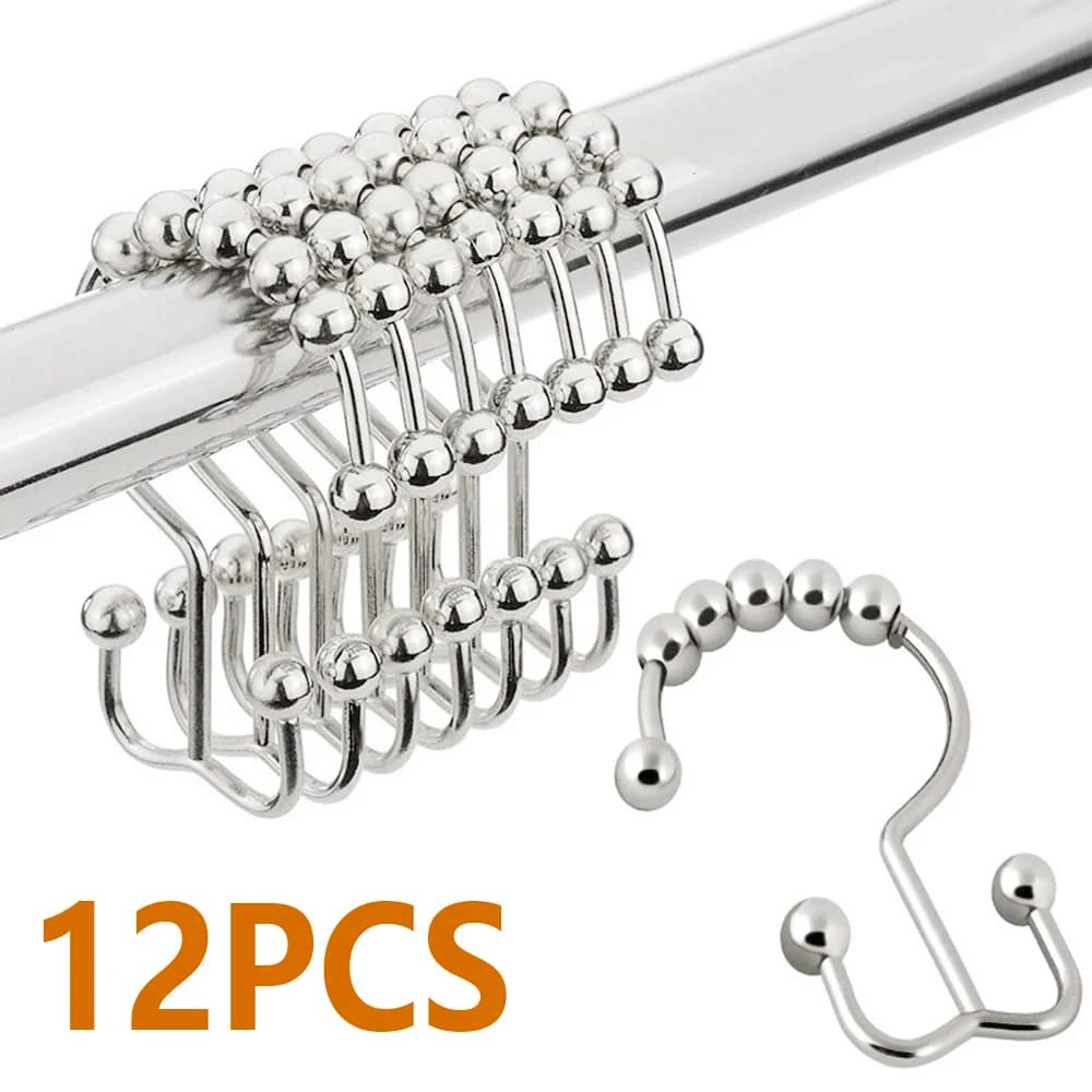 12Pcs Stainless Steel Shower Curtain Hooks Rings Metal Roller Ball Double-Sided Hooks Suitable Bathroom Shower Rod Accessories
