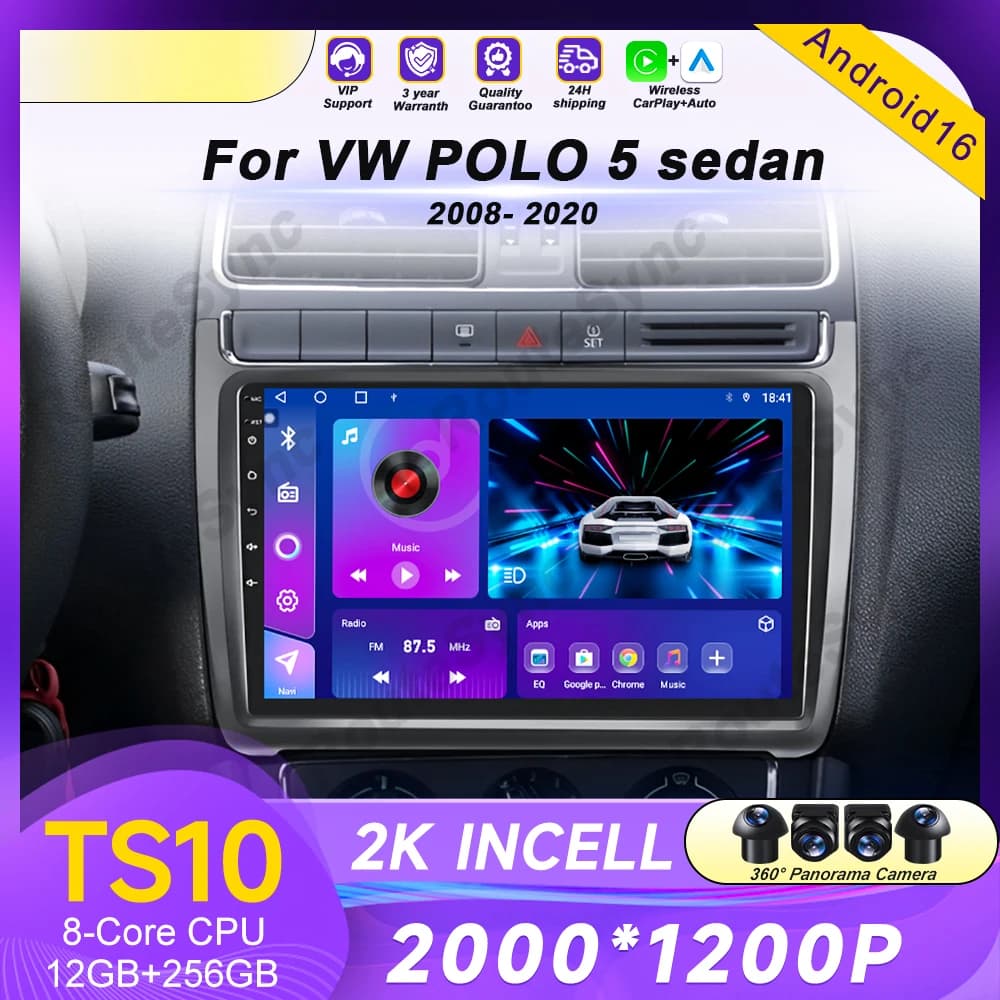 Android 16 For Volkswagen VW polo 5 sedan 2008 - 2020 Car Radio Multimedia Player Carplay Stereo GPS BT 4G WIFI Head Unit QLED