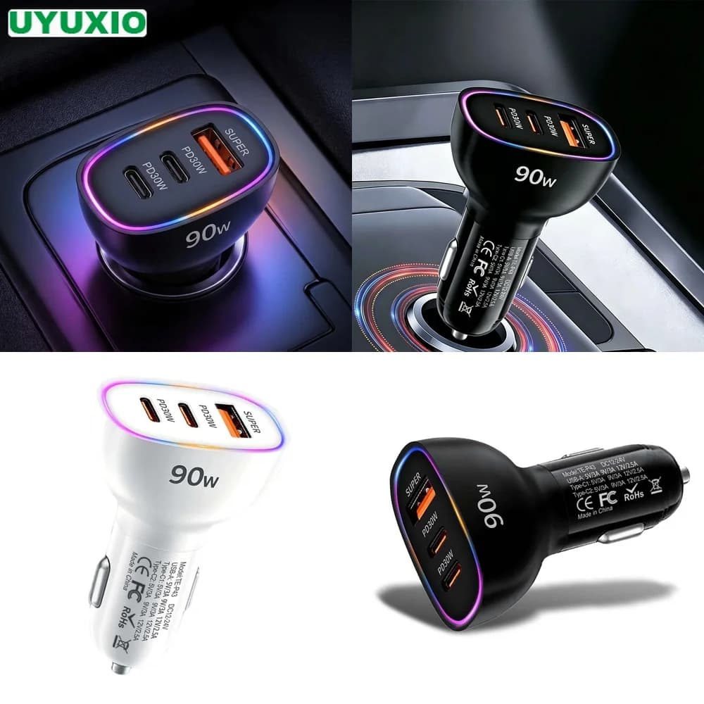 Super Fast 90W Car Charger Multi Port Dual PD 30W Type C USB A 30W Adapter for Laptop Phone MacBook PPS QC3.0 RGB LED Ambient