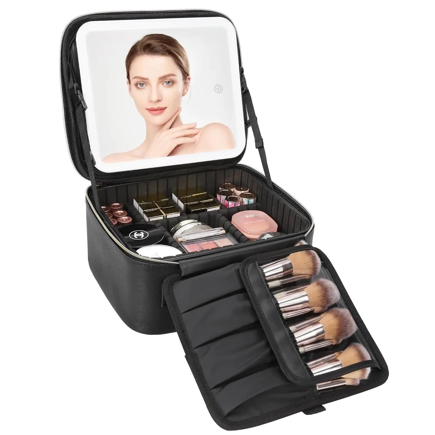 Nuova borsa da viaggio per trucchi 2026 con specchio LED, valigetta illuminata per il trucco, con divisori regolabili, porta pennelli per il trucco