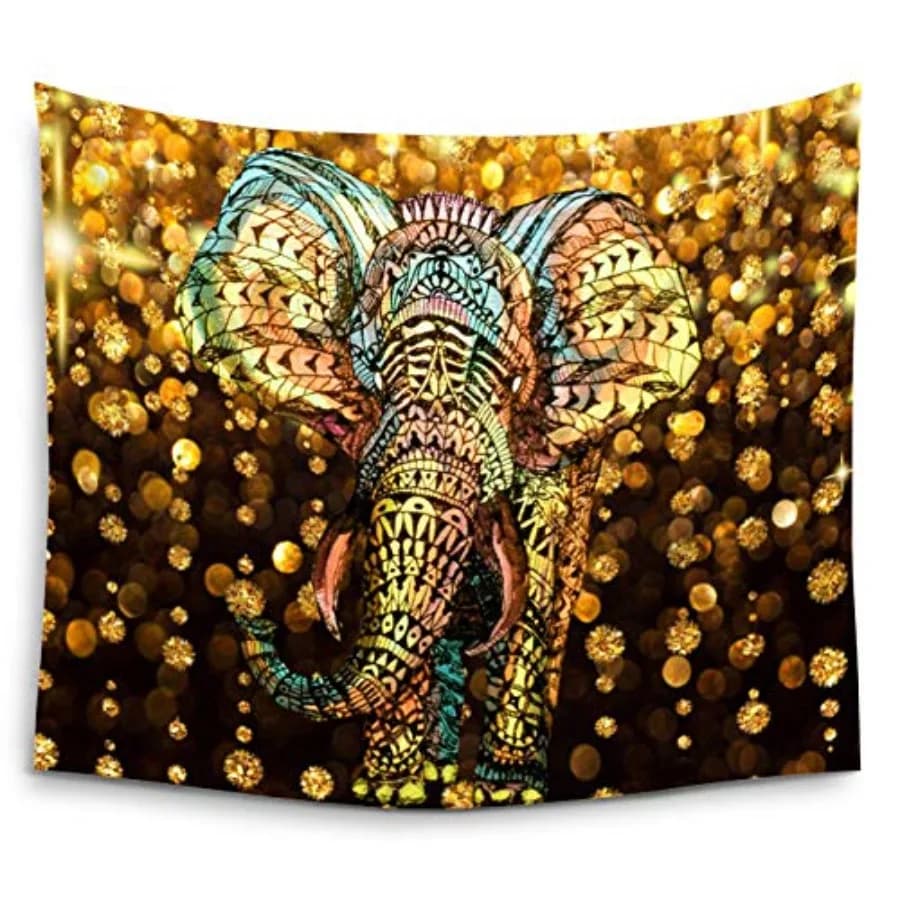 Elephant Tapestry, watercolor Aztec Gold Elephant With Gold Rain Shine Flicker Glow Jewelry Stones Light/Indian Bohemian Wall H