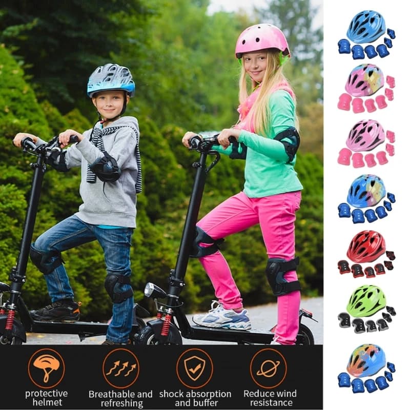 Set adjustable bike helmets with knee pads, elbows, wrist guards, protective equipment for roller skating