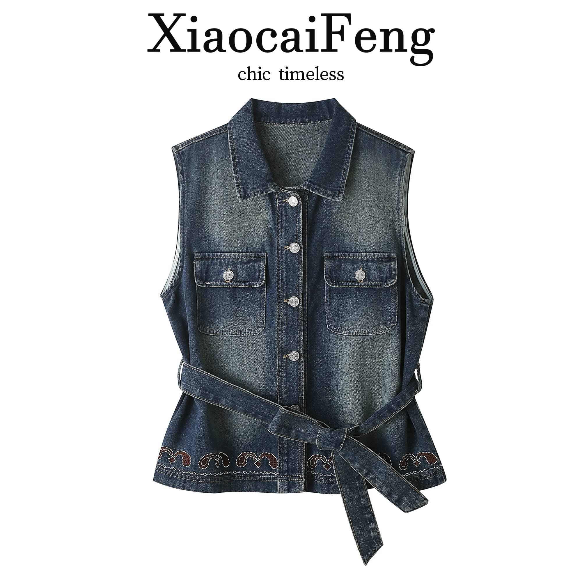 Retro Hong Kong Style Embroidered Denim Vest Women's Summer Waist-Cinching Belted Collared Single-Button Fashion Top
