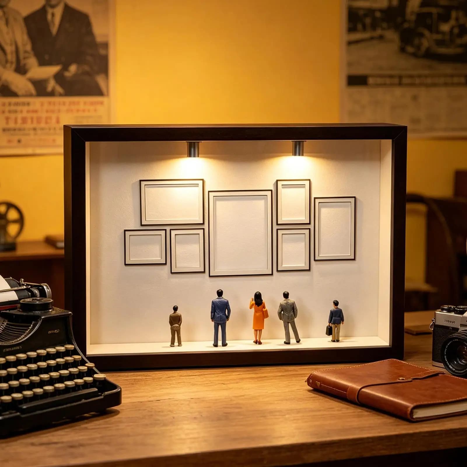 Scatola museale fai da te in legno per silhouette di figurine con 7 piccoli porta immagini e 8 figure, cornice per foto in miniatura del Museo degli Stati Uniti