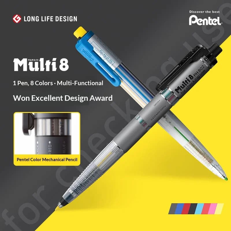 Pentel Art Multi 8-in-1 Mechanical Pencil,5 Color Pencil & 3 Color Ballpoint Pen,All-in-One 8-Color Pen for Notes,Journals & Art