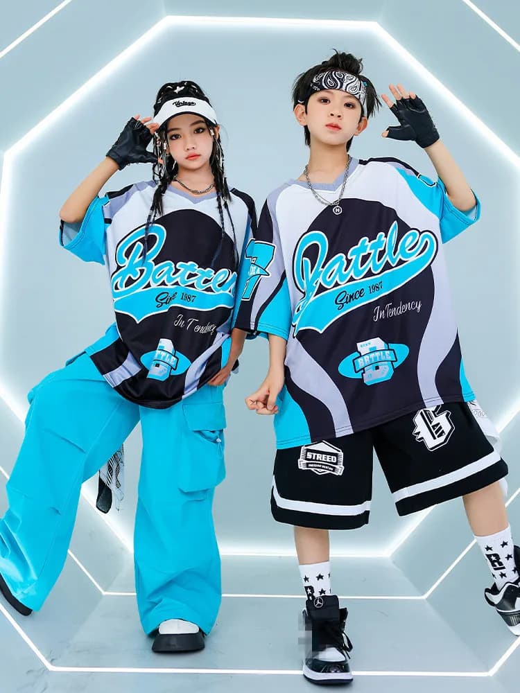 Abbigliamento Hip Hop per bambini Giacca senza maniche blu Gilet Top Tasche casual Pantaloni cargo increspati per vestiti per costumi da ballo jazz per ragazza ragazzo
