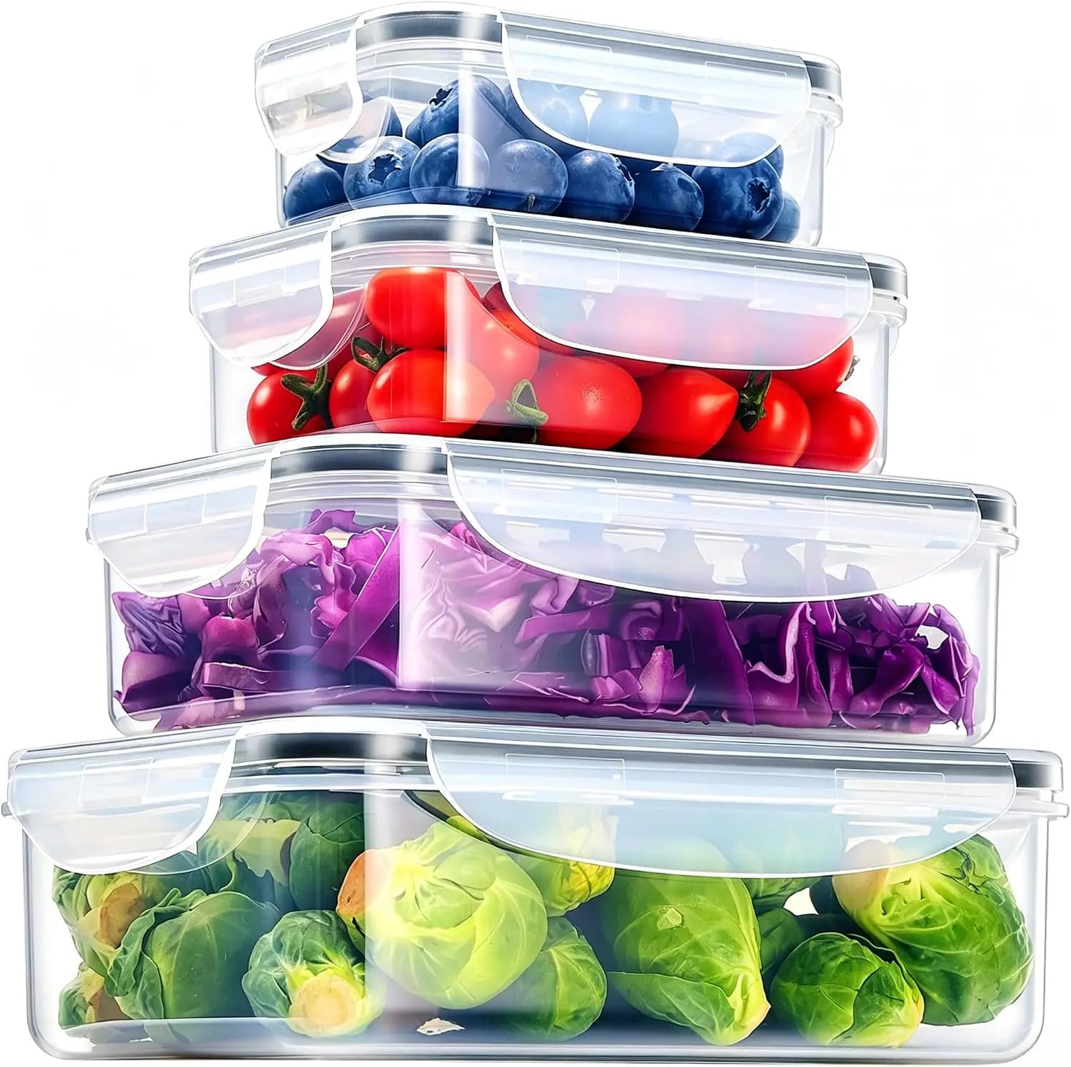 Food Storage Containers with Lids, Airtight Leakproof Lunch Meal Prep Containers, Stackable Microwave Freezer Dishwasher Safe Plastic Food Containers for Kitchen Organization, Set of 4, Clear