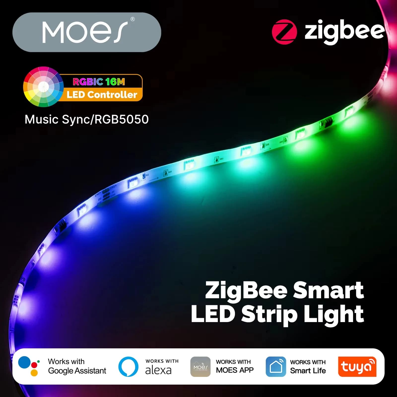 Controller per Striscia LED Intelligente MOES Tuya ZigBee RGB5050, Sincronizzazione Musicale, 16 Milioni di Colori Cangianti, Compatibile con Alexa e Google Home