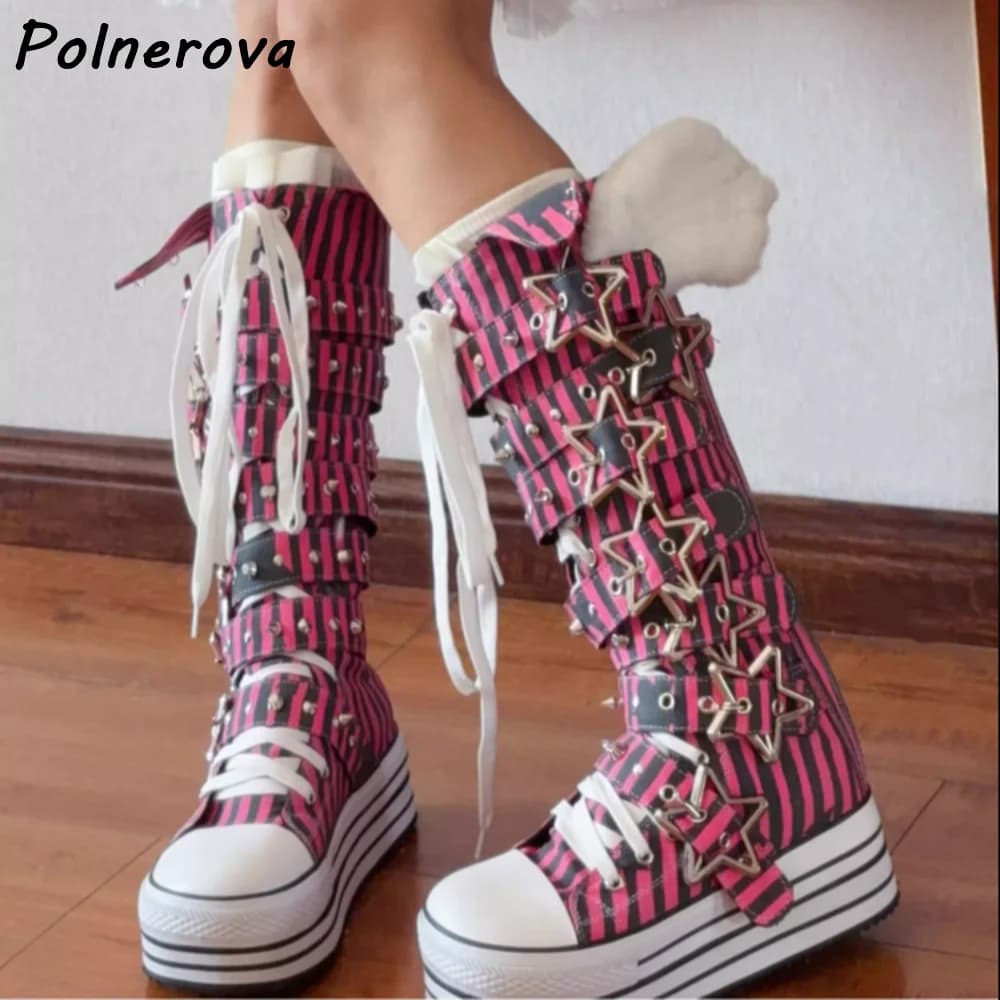 Pink Black Striped Platform Boots Belt with Five-point Star Buckle Round Toe Shoes with thick sole Women's patchwork canvas shoes