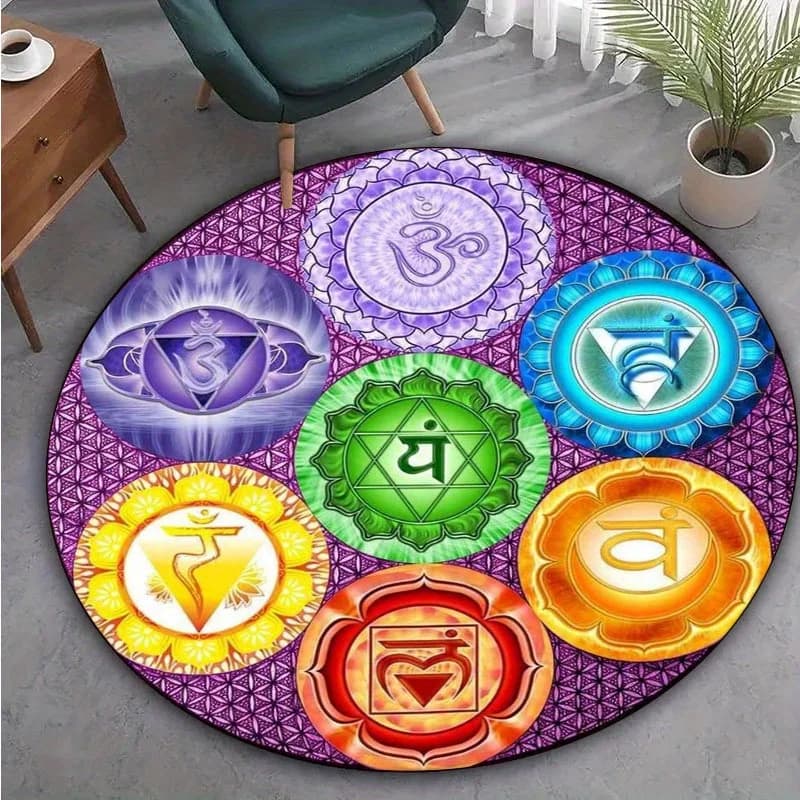 Vibrant Round Carpet for Meditation and Chakra Healing, Anti-slip Carpet with Motive Mandala for Yoga, Home, Bedroom and External Decorations