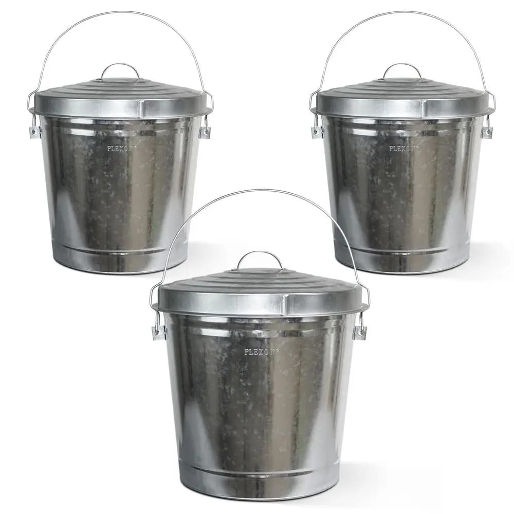 Set di 3 Bidoni in Metallo Zincato con Coperchi Bloccabili per Esterni, Conservazione Mangimi per Pollame o Semi per Uccelli