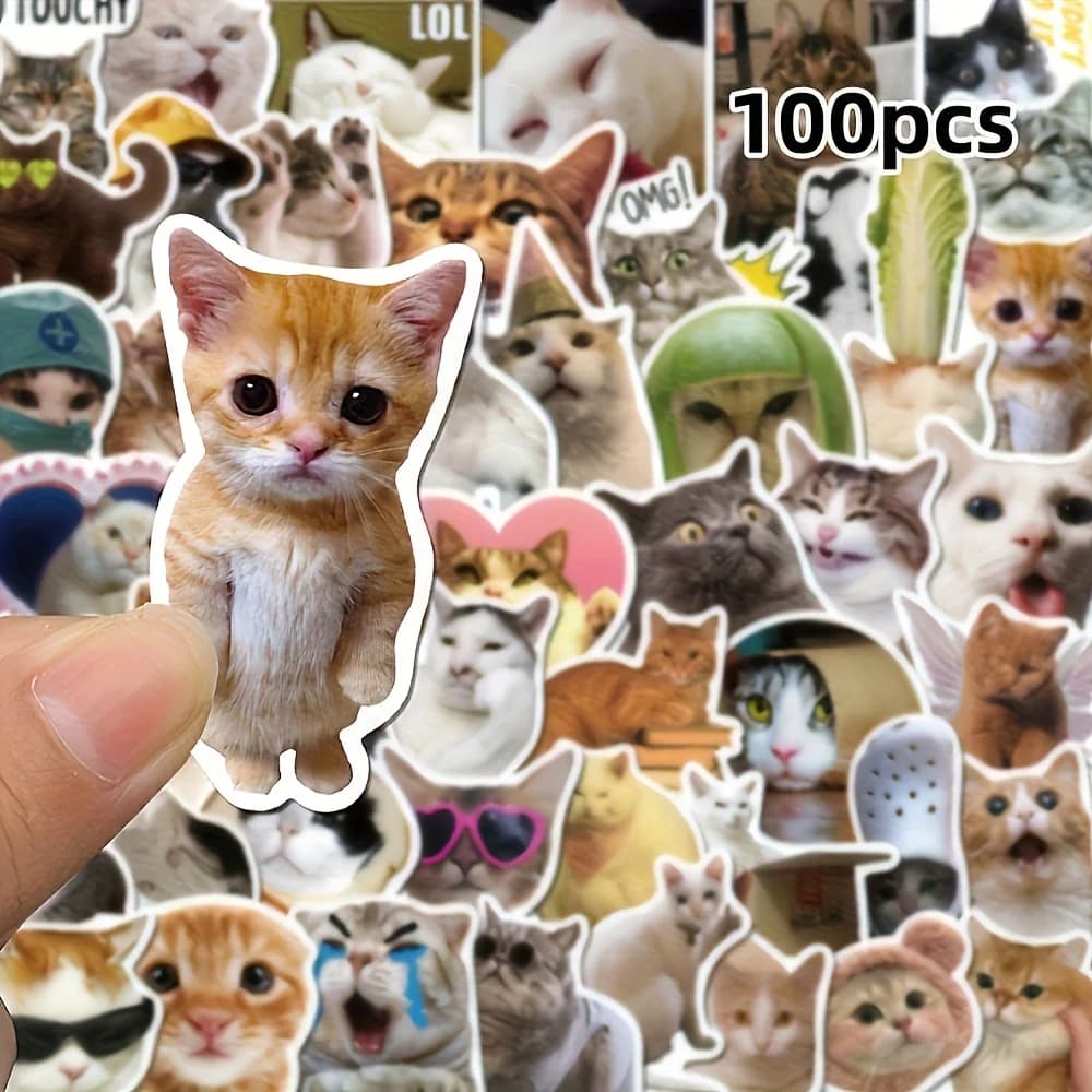 100 funny stickers with cats. Meme drawings with cute kittens with hats and glasses. Stickers in self-adhesive paper. Great for laptops, bottles.