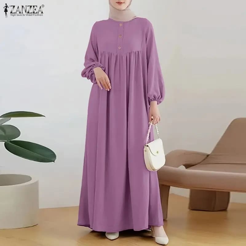 ZANZEA Abaya Musulmana alla Moda per Donne, Vestito Lungo Maxi 2026, Elegante Casual con Collo a O, Maniche Lunghe, Tinta Unita, Kaftan Femminile