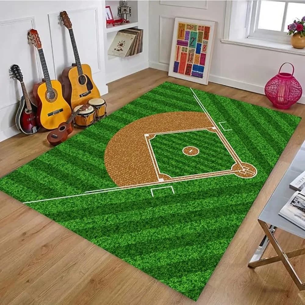 Tappeto a Tema Sportivo con Design Campo da Baseball per Soggiorno e Camera da Letto, Motivo Erba Verde e Campo Interno Marrone, Morbido al Tatto