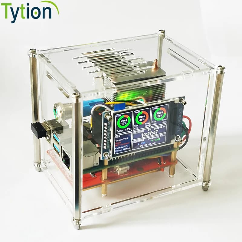 Raspberry Pi 4B UPS Continuity Group Kit Acrylic Ice Tower Fan Monitoring IPS Screen System