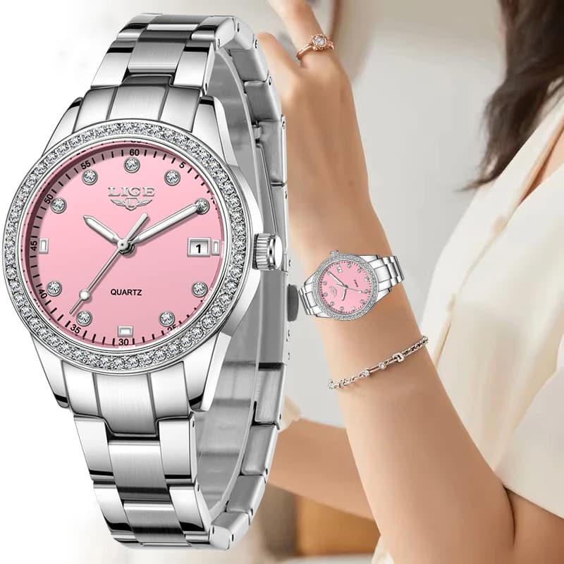 Orologio da Donna LIGE con Quadrante Rosa Creativo e Diamanti, Elegante Orologio da Polso con Bracciale, Impermeabile e Luminoso, al Quarzo