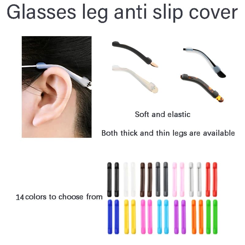 A pair of silicone glasses with anti-slip covers, ears rest, fixed mirror legs and anti-slip covers that are soft and comfortable