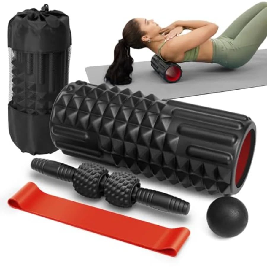 Set Rullo in Schiuma 5 in 1 - Rullo per Gambe, Bastone Massaggiante, Palla per Massaggio, Banda di Resistenza per Fisioterapia e Massaggio Profondo