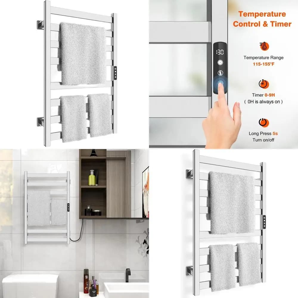 Scaldasalviette Elettrico a Parete a 8 Barre con Timer e Controllo Intelligente della Temperatura, in Acciaio Inossidabile 304