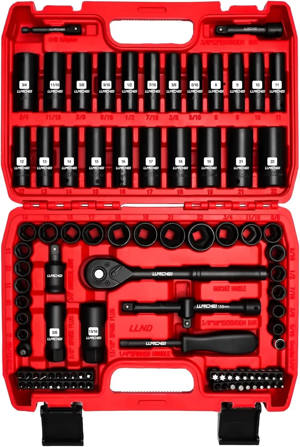 Set di bussole a percussione da 3/8 pollici, kit da 95 pezzi con prese SAE/metriche, impugnatura a cricchetto e estensioni per uso professionale