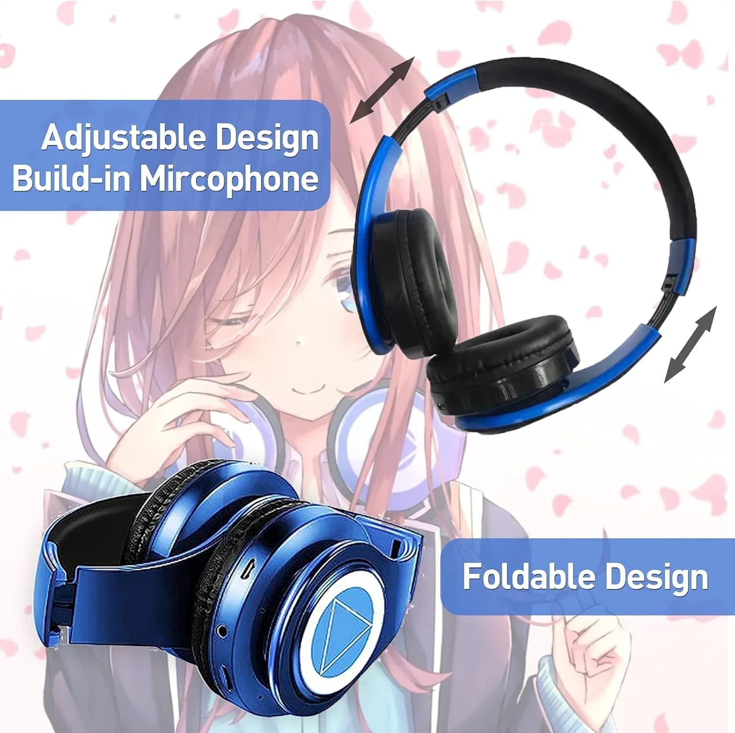 Wireless Over-Ear Headphones for Cosplay with Voice Commands Anime, Bluetooth 5.0, Play TF and AUX Card, Foldable, HIFI for Gaming