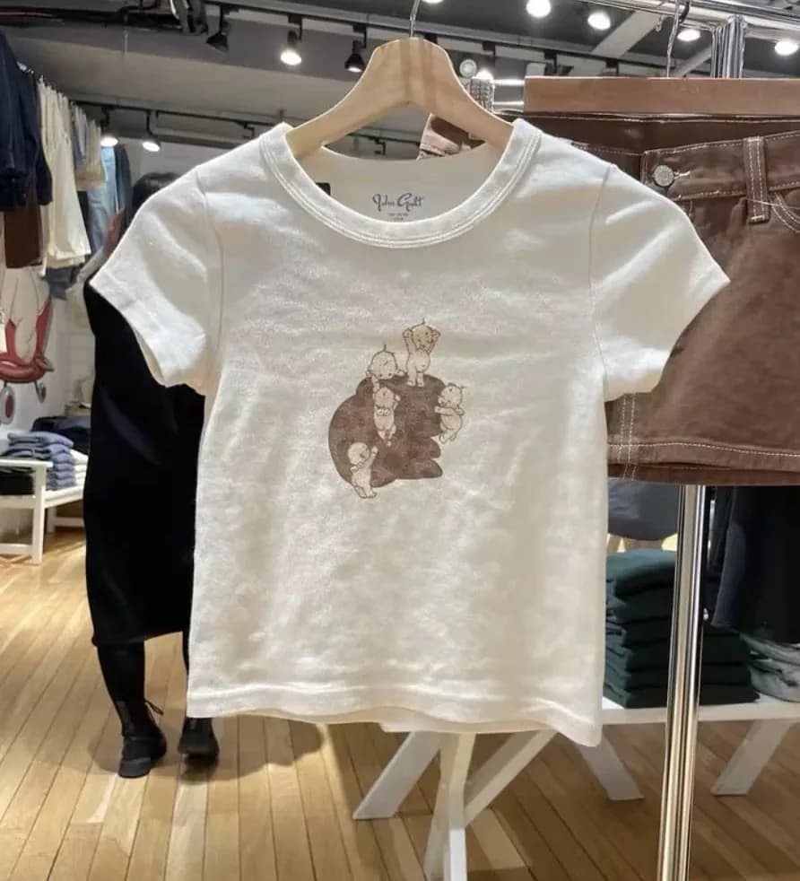 American Style round Neck Short Sleeve T-Shirt Women's Pure Cotton Angel Print Belly Button Baring Slim Fit Top