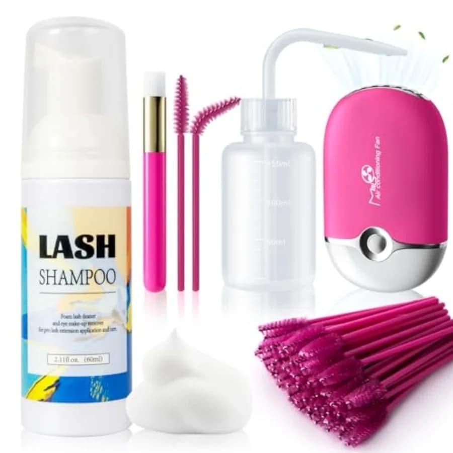 Shampoo per Ciglia 2.11FlOz, Detergente Delicato in Schiuma per Extension Ciglia, Mini Ventilatore USB per Ciglia, Flacone per Risciacquo, Spazzola per Mascara, Spazzola per Pulizia