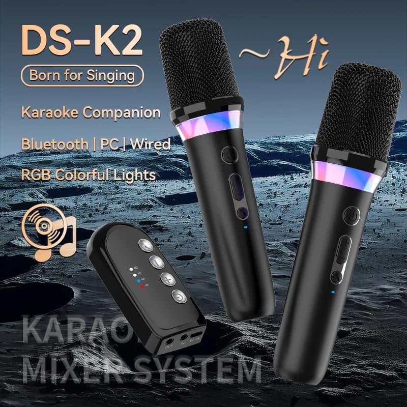 Karaoke Compagno Microfono Senza Fili Dinamico Bluetooth 5.3 DSP Sistema di Mixer Macchina RGB Luce Colorata 3.5mm AUX Amplificatore Host