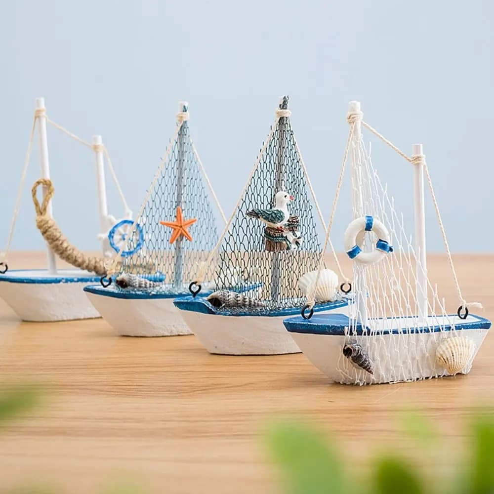 Mediterranean Style Sailing Boat Model Wooden Fishing Net Accent Wooden Sailing Boat Handmade Shells Accent Miniature Sailboat