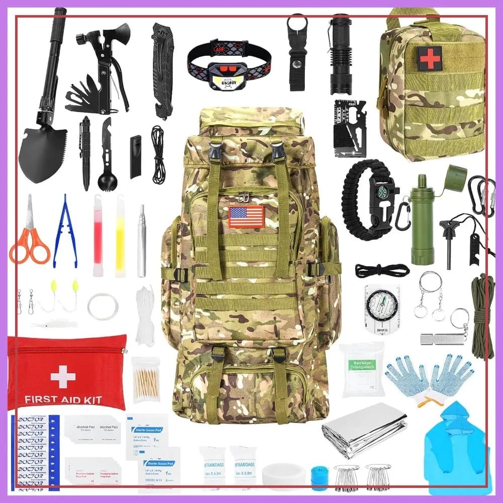 Zaino da campeggio da 70 litri con kit di sopravvivenza e attrezzatura di primo soccorso per escursioni e avventure all'aperto