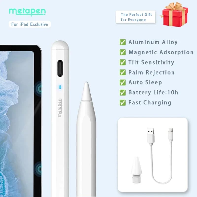 MetaPen A8 Tilt Stylus Tablet Pen for Apple iPad Pencil 2018-2026, Palm Rejection for iPad 11 A16 Air 6/5/4 iPad Pro11/13 M4 M5