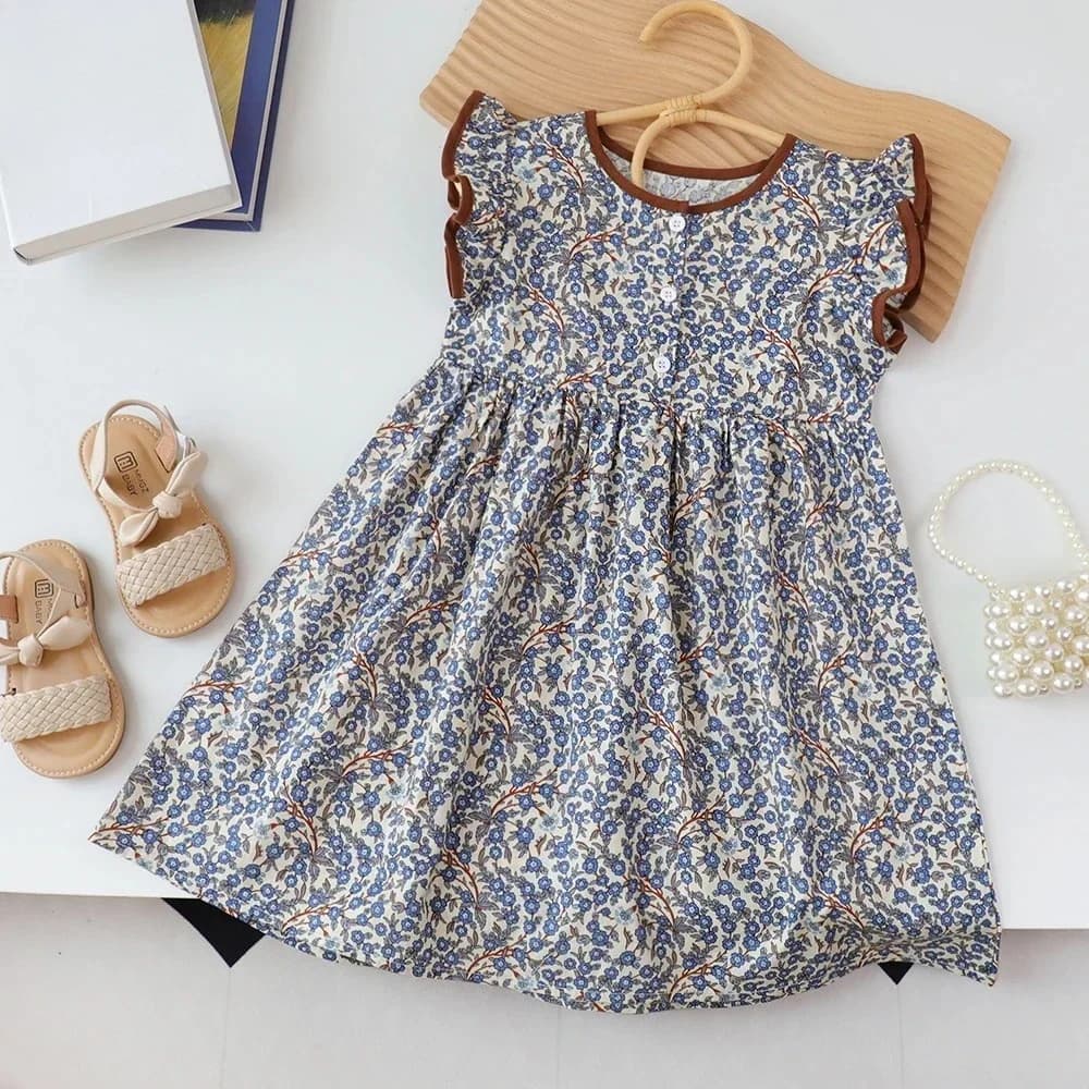 Girls' Spring and Autumn Casual Clothes Round Neck Pleated Sleeveless Single Breasted Floral Princess Dress with A Rustic Style