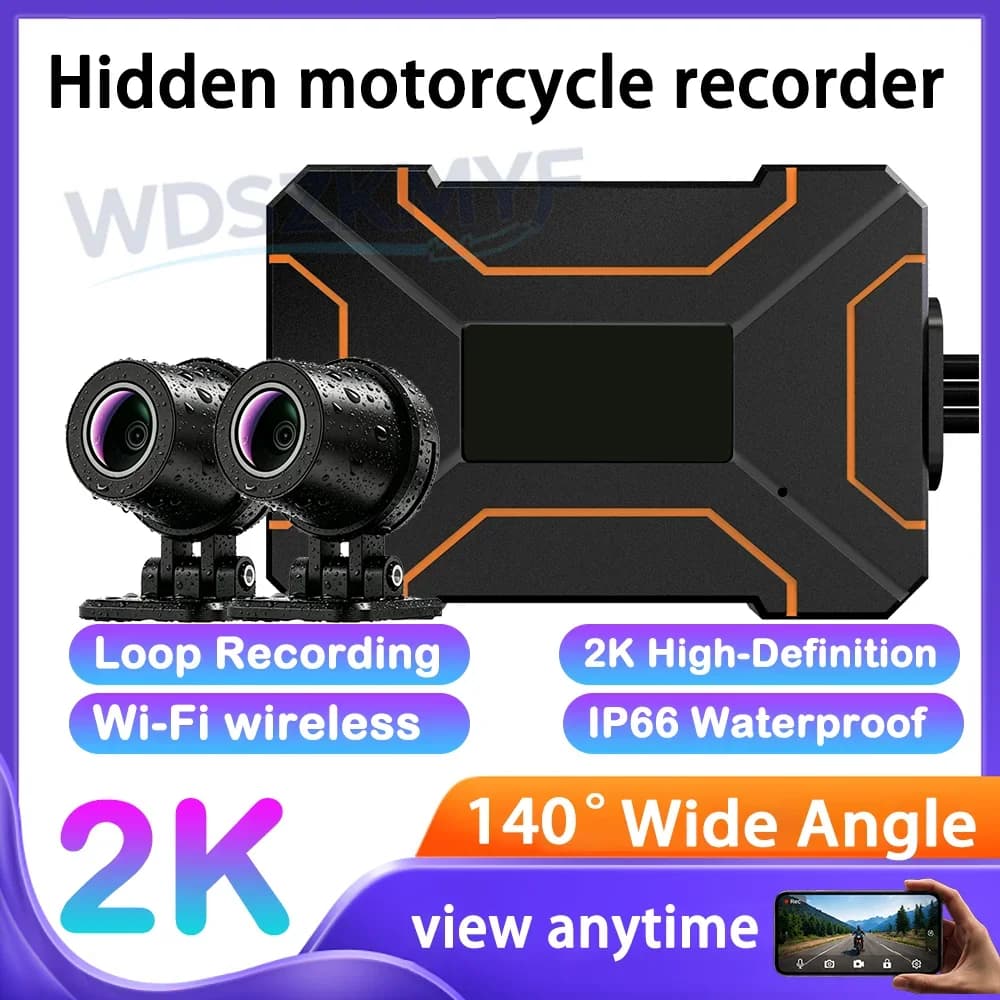 2K 1080P Full HD Dual Front Rear Lens Motorcycle Dash Cam IP66 Waterproof WiFi Motorbike Driving Recorder with TF Card Storage