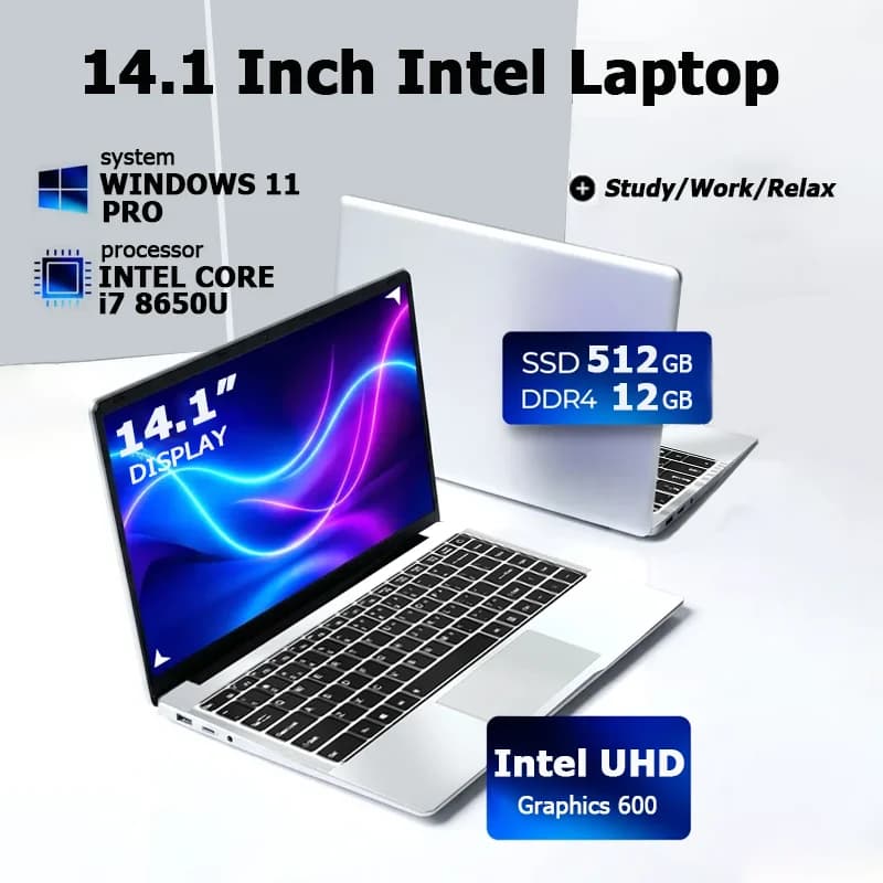 Nuovo arrivo: Laptop sottile Intel Core i7-8650U da 14,1 pollici con Windows 11 Pro, 12GB RAM, SSD da 512GB/1TB - Computer portatile per ufficio e studio