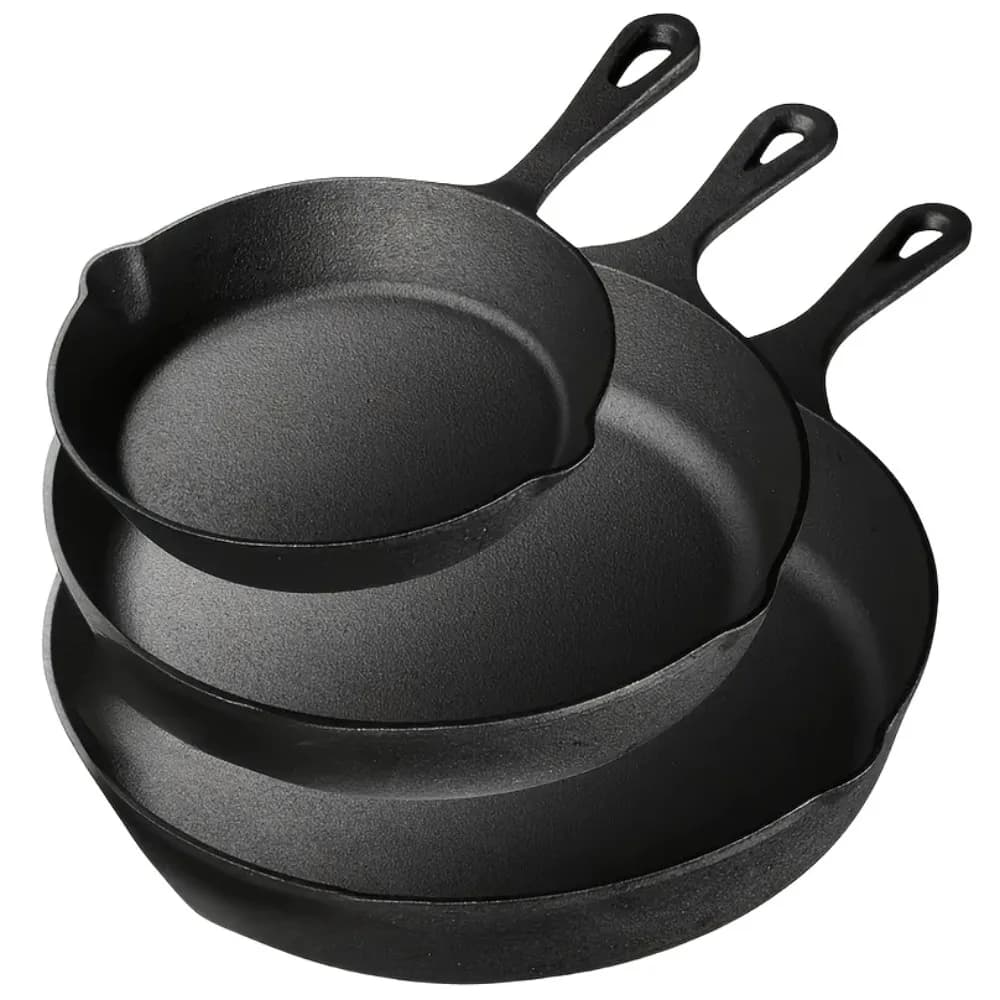 Set of 3 piece cast iron pans (6/8/10 inches) - Pre-packed, non-stick and resistant pans for cooking oven, grill and bonfire