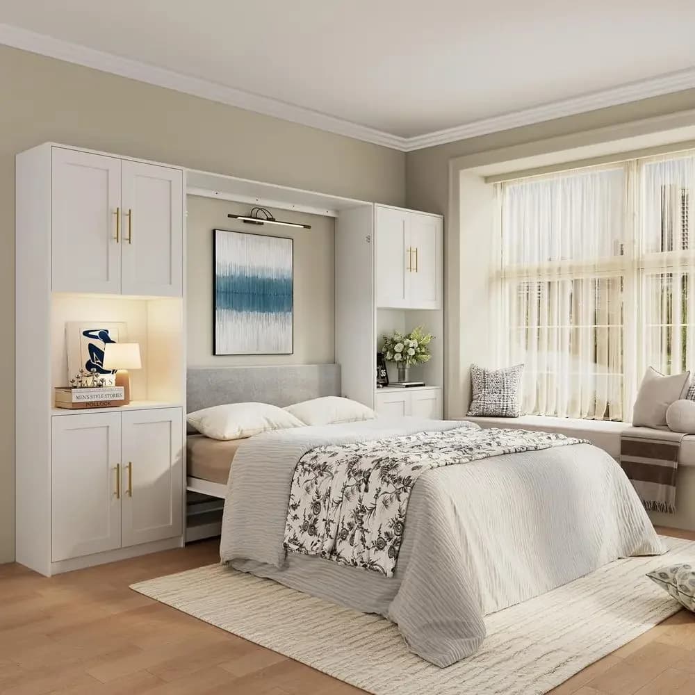 Letto a scomparsa Queen Size Bobve Armhouse, letto a parete da 85 pollici salvaspazio, letto a scomparsa con 2 contenitori e funzioni a parete