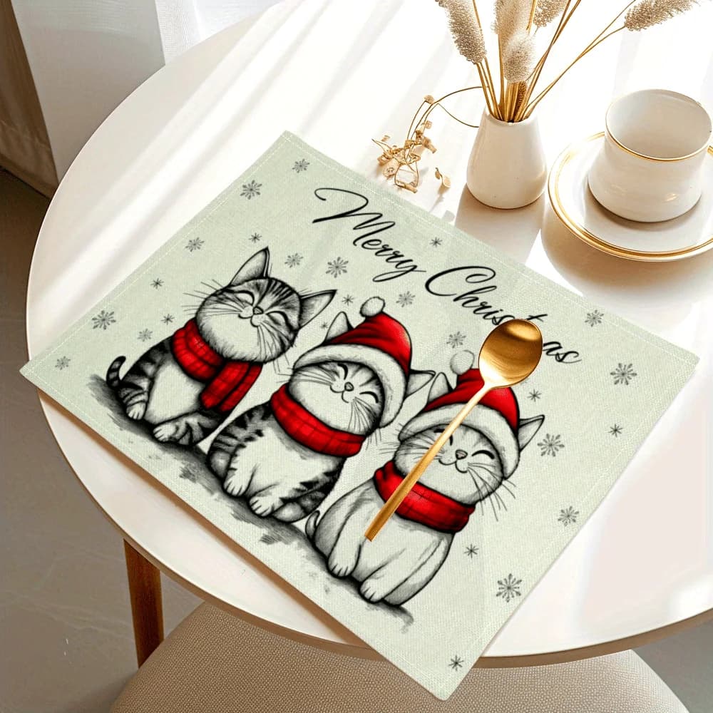 Christmas Hat Scarf Kitten Printed Placemats Heat Resistant Cute Xmas Table Decor Holiday Gathering Household Dining Gifts