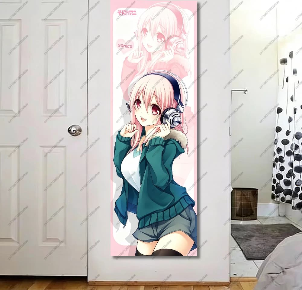 S-Super Sonico Long Wall Tapestry, Anime Girl with Headphones Print Fabric Hanging Poster for Bedroom Dorm