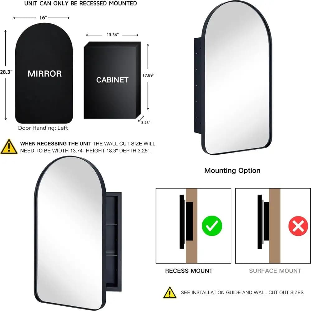 Armadietto da Bagno Incassato ad Arco con Specchio, Mobiletto in Metallo, 16x28.3