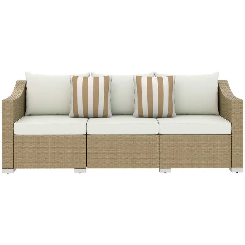 Rattan Wicker 3 Seater Patio Couch with Cushions, 2 Throw Pillows, Outdoor Furniture Rattan Sofa, Cream White