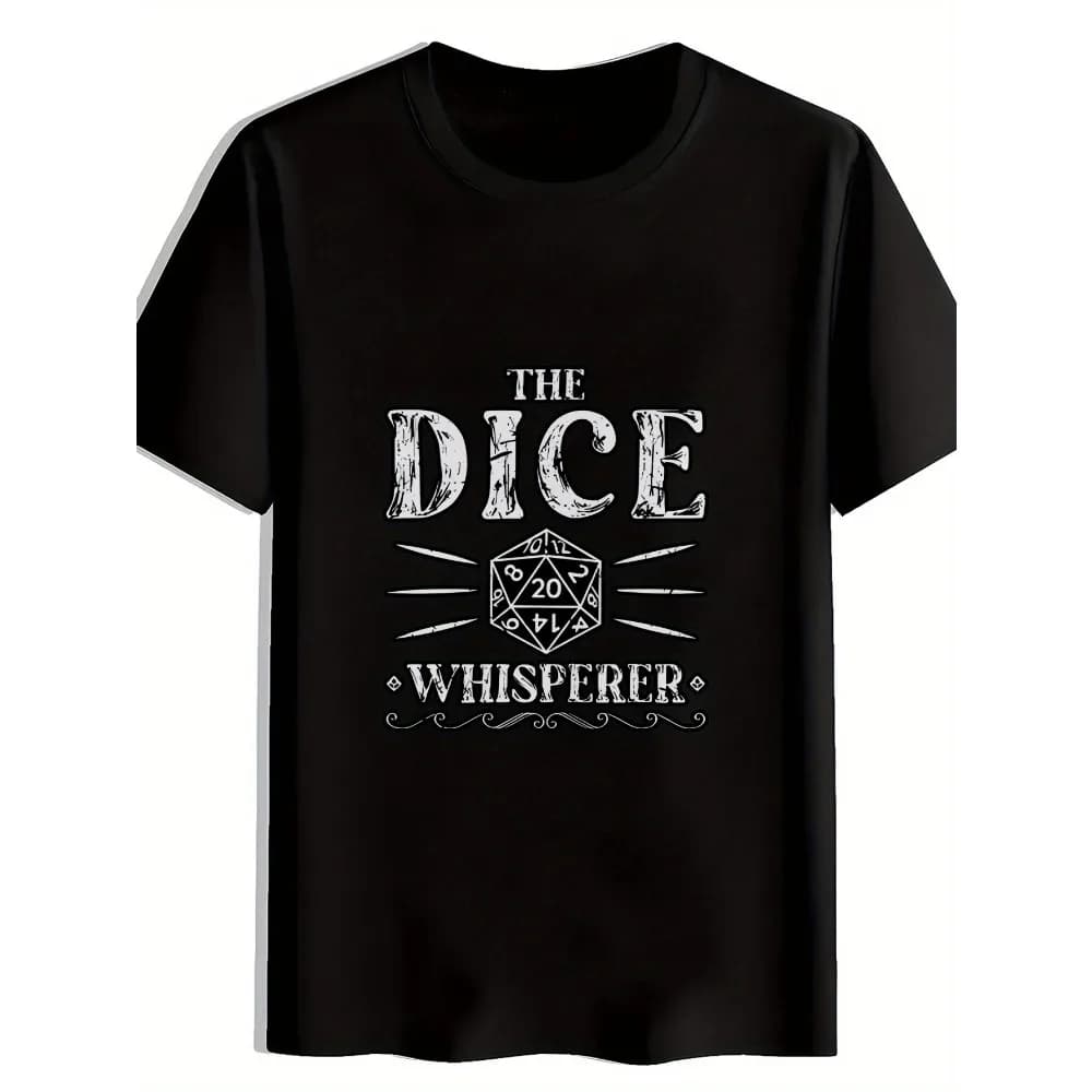 T-shirt grafica da uomo nera con stampa "The Dice Whisperer" - Girocollo casual, design con dado a 20 facce bianco, perfetta per giocatori e appassionati di D&D