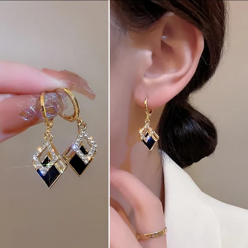 Orecchini Pendenti Neri con Strass di Tendenza 2024 per Donna, Gioielli di Design Coreani con Fibbia Color Oro