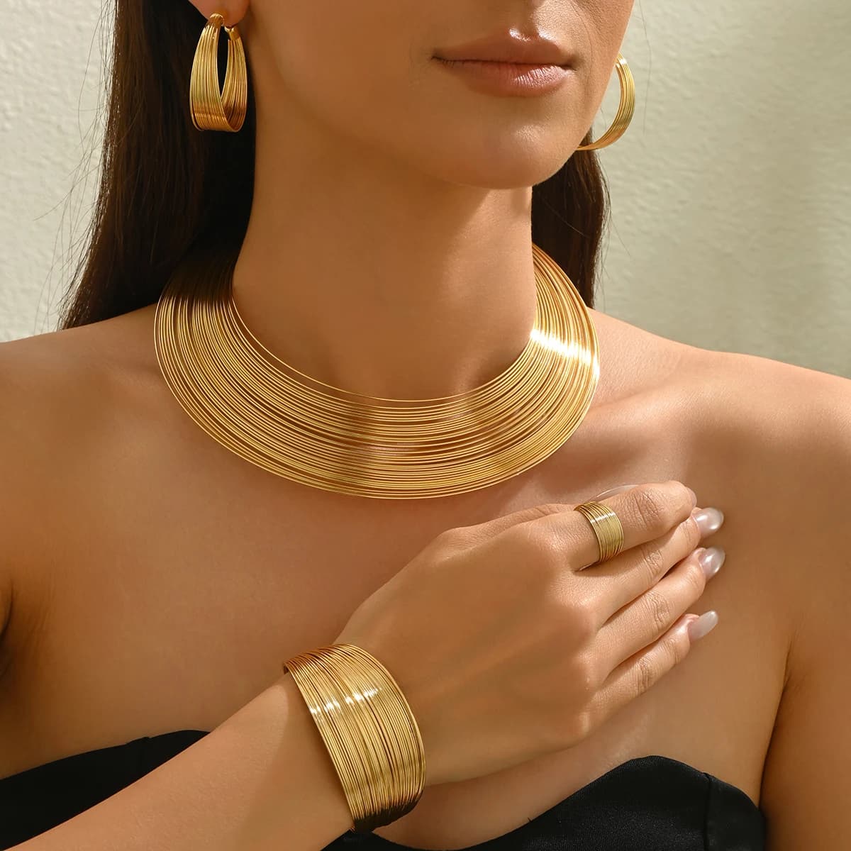 Sophisticated Gold Color Wide - band Jewelry Set Bold Choker C-shaped Earrings Ring Cuff Bracelet Set For Women