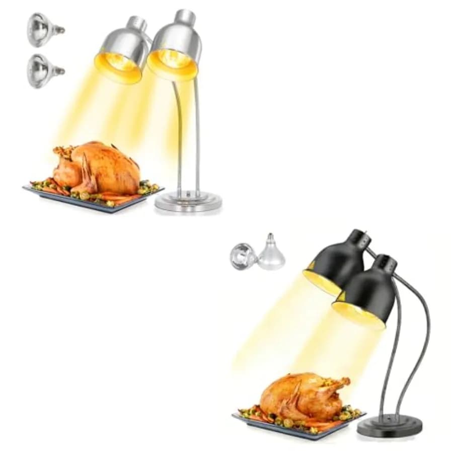 Commercial food warming lamp for restaurant kitchen and buffet use, dual-head 500W electric heating lamp, black and silver fini